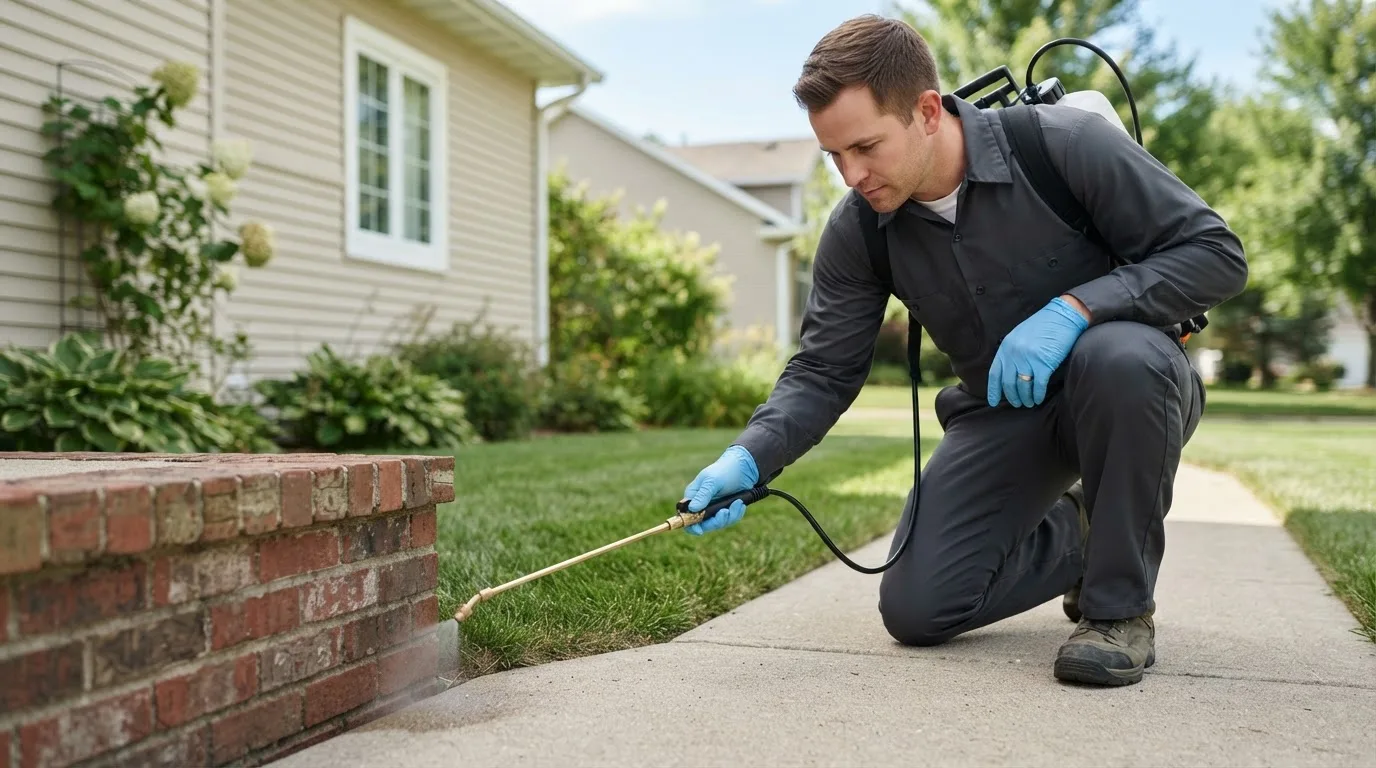 Pest control technician treating a home near Ellenburg Depot, NY